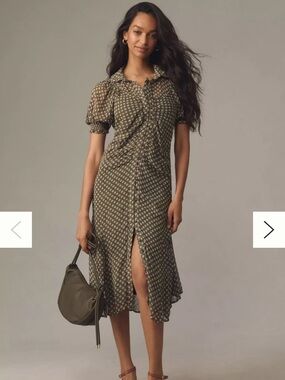 By Anthropologie Puff-Sleeve Ruched Mesh Midi Shirt Dress